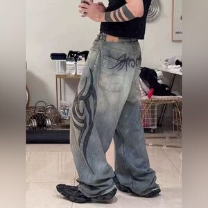 Men Knee Baggy Pants graphic denim black tribal‎ artwork print 34 tattoo pattern